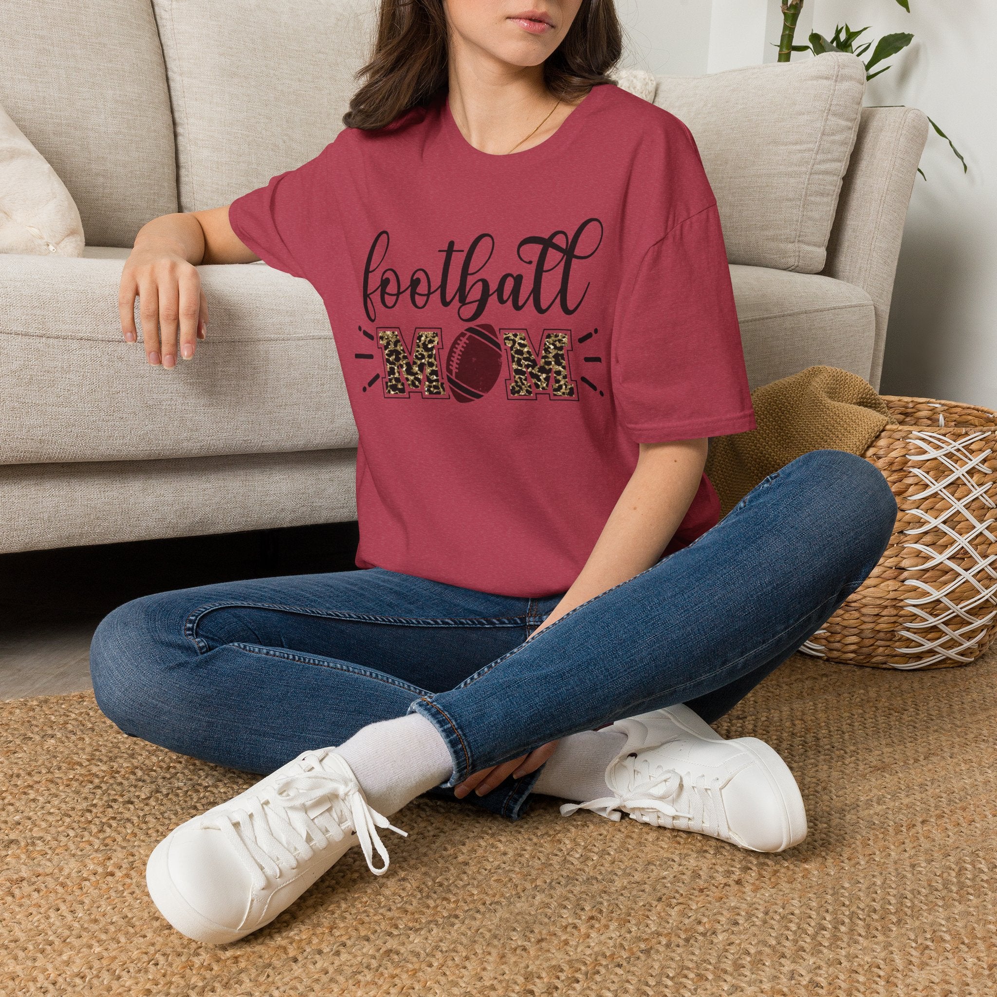 Football Mom Leopard Print Tee — Cute Script Design with Football Graphic