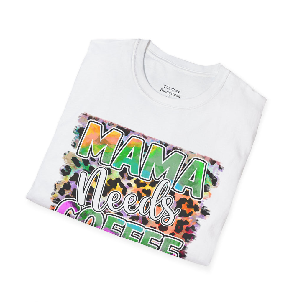 Mama Needs Coffee T-Shirt — Colorful Leopard Print Mom Coffee Tee