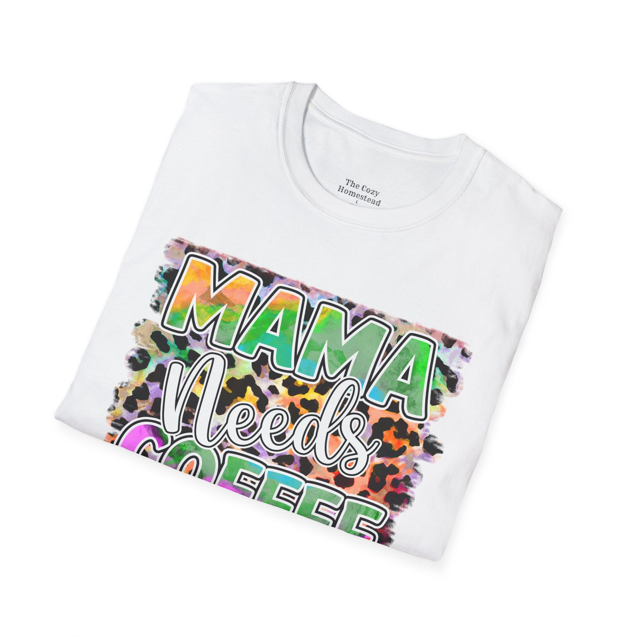Mama Needs Coffee T-Shirt — Colorful Leopard Print Mom Coffee Tee