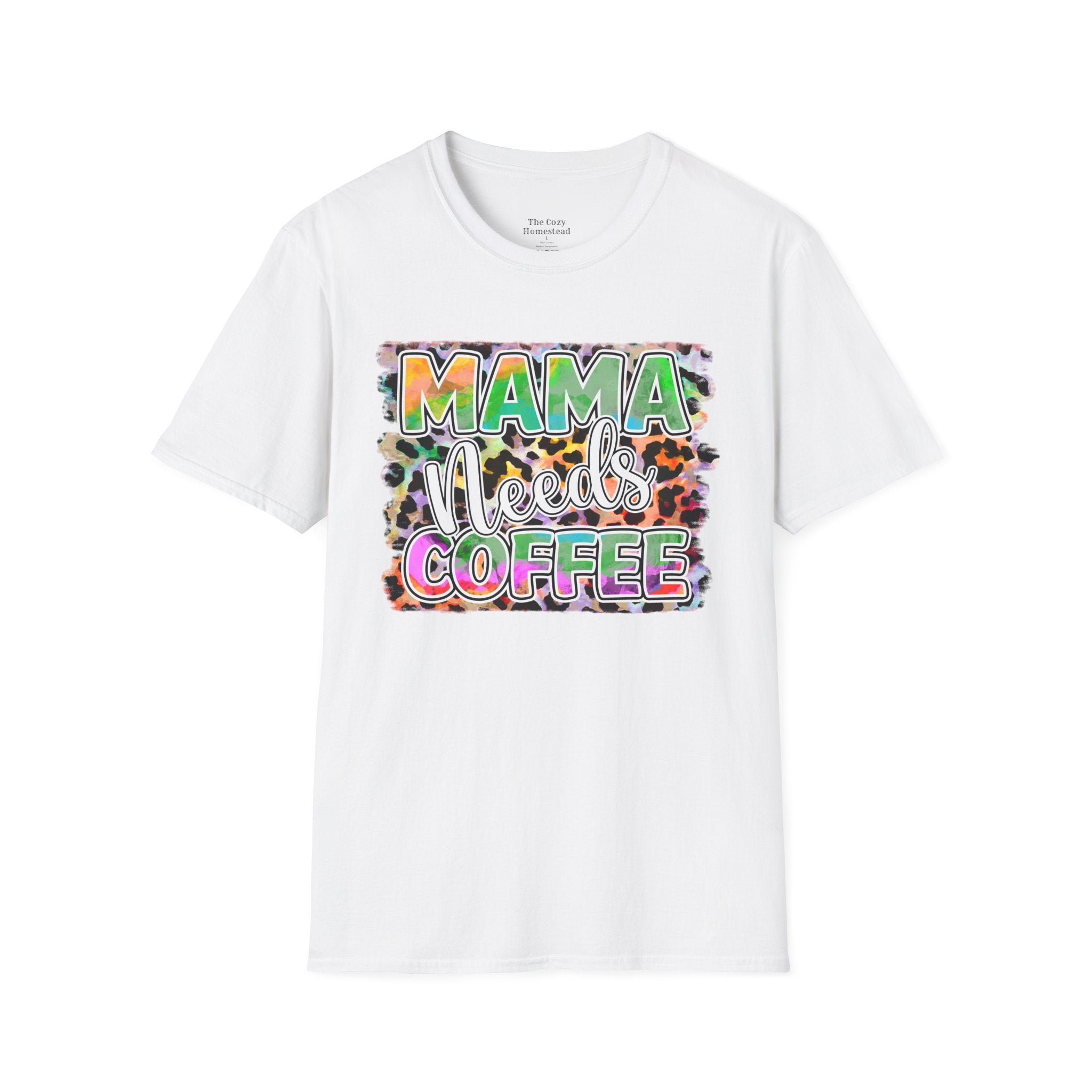 Mama Needs Coffee T-Shirt — Colorful Leopard Print Mom Coffee Tee