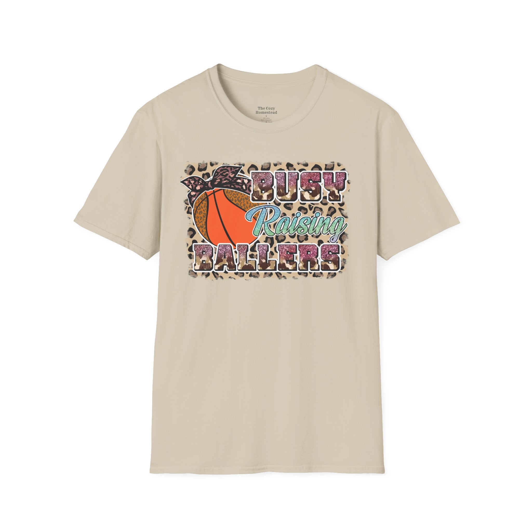 Busy Raising Ballers Basketball Mom T-Shirt — Leopard Print Hoop Design