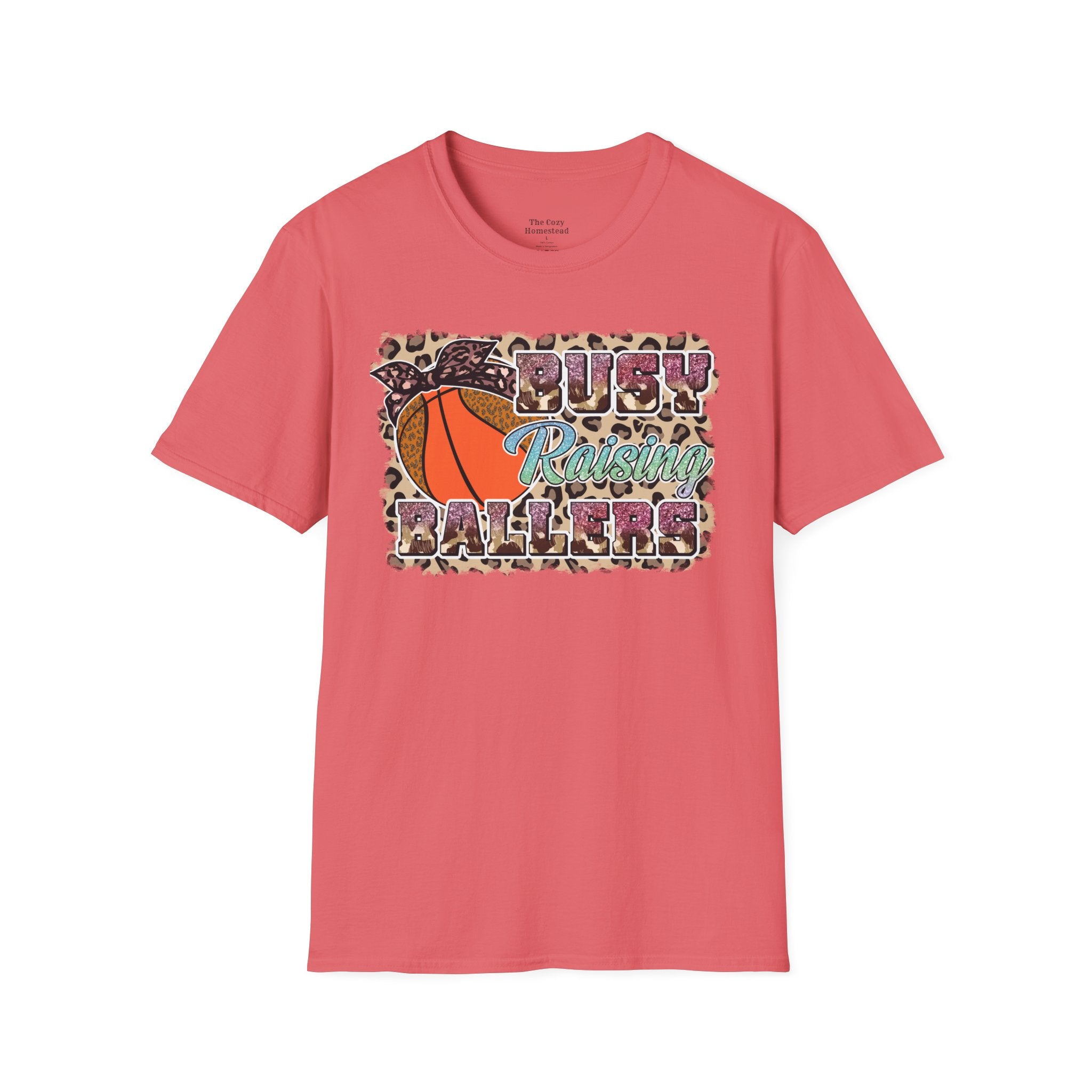 Busy Raising Ballers Basketball Mom T-Shirt — Leopard Print Hoop Design