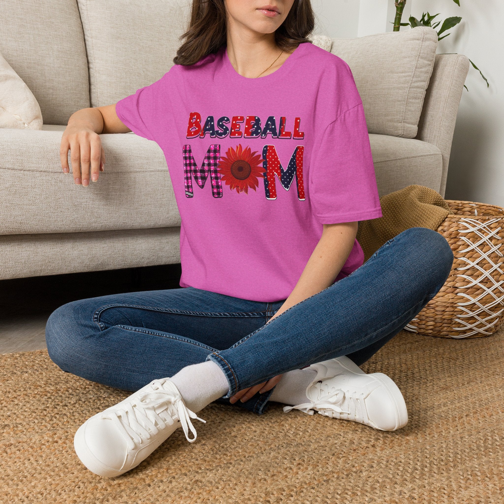 Baseball Mom T-Shirt — Floral Sunflower & Plaid Lettering
