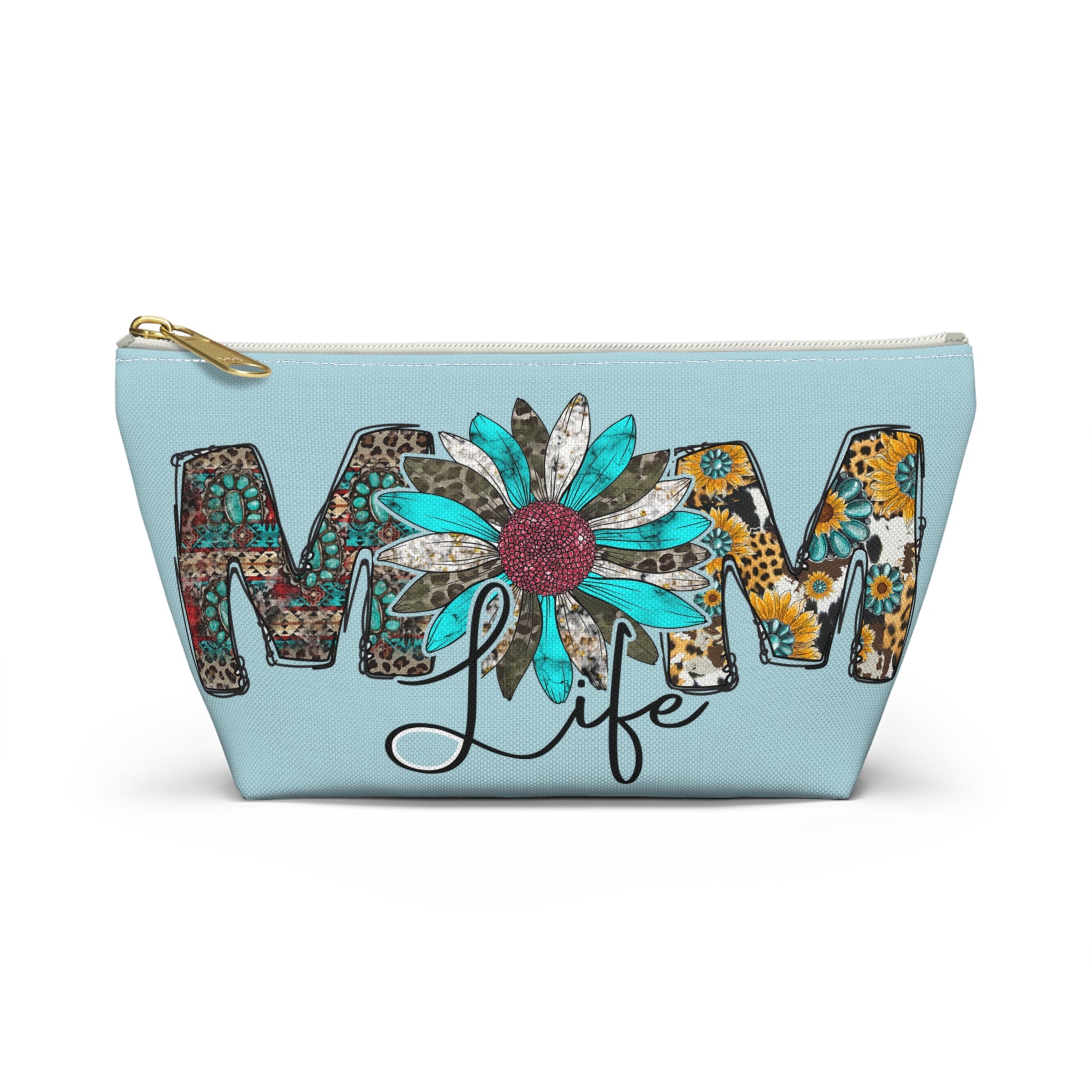 Mom Life Accessory Pouch — Floral Turquoise T‑Bottom Makeup Bag