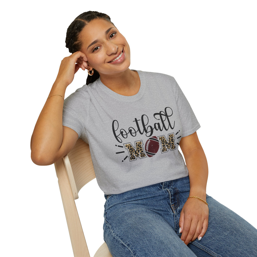 Football Mom Leopard Print Tee — Cute Script Design with Football Graphic