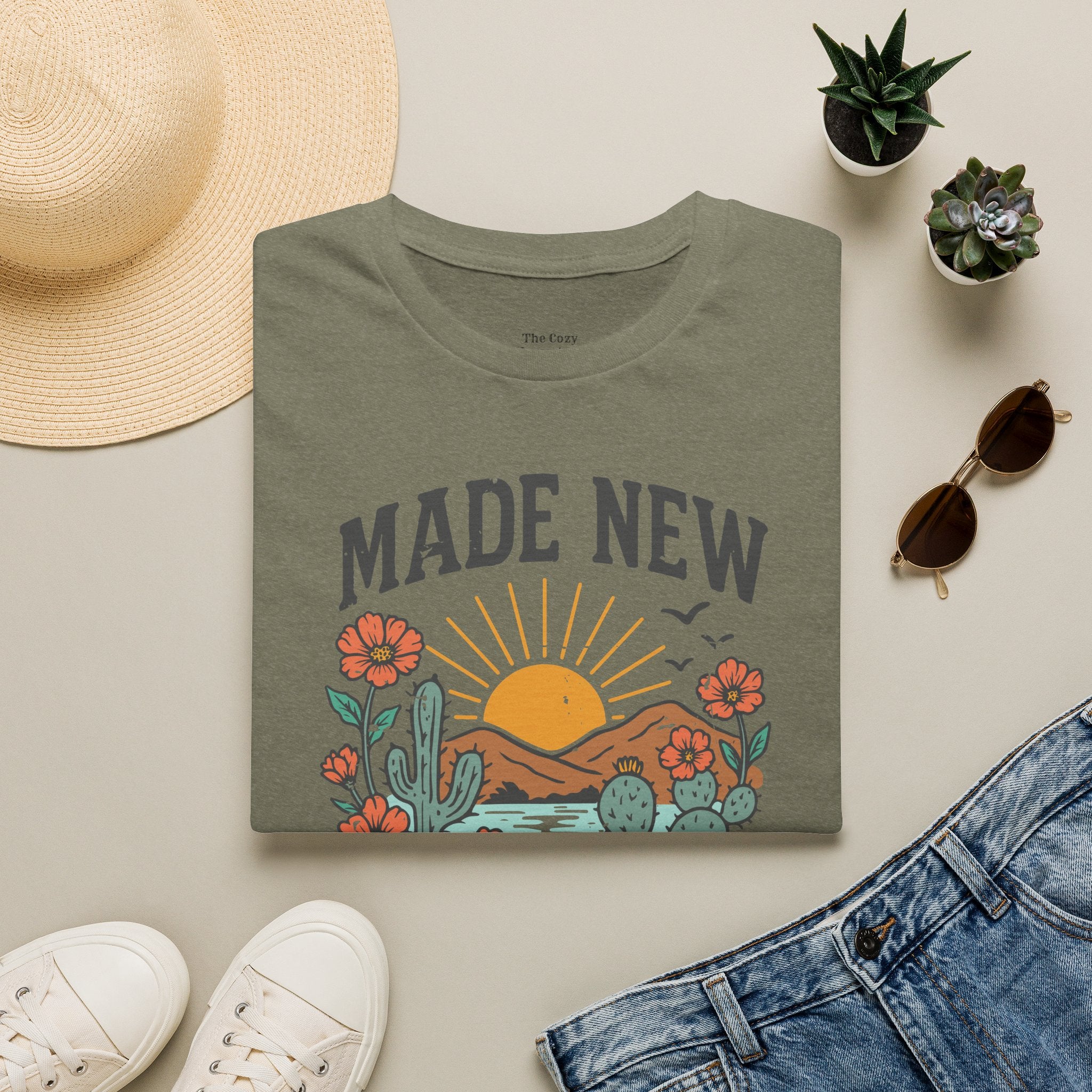 Made New T-Shirt — Vintage Desert Sunrise Christian Graphic Tee (2 Corinthians 5:17)