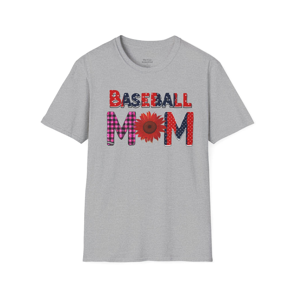 Baseball Mom T-Shirt — Floral Sunflower & Plaid Lettering