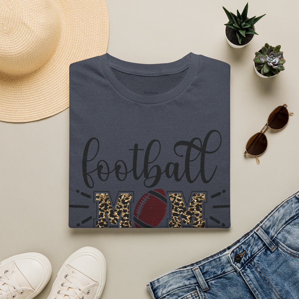 Football Mom Leopard Print Tee — Cute Script Design with Football Graphic