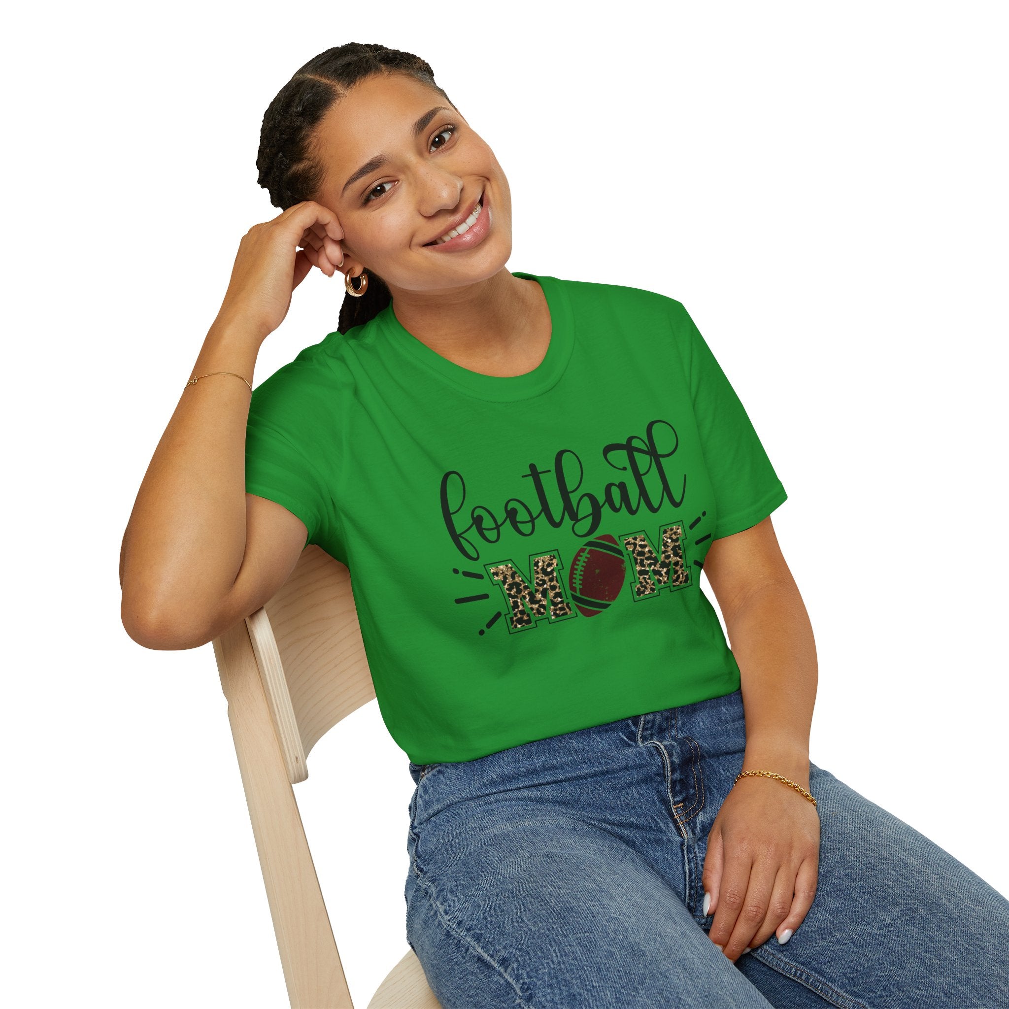 Football Mom Leopard Print Tee — Cute Script Design with Football Graphic