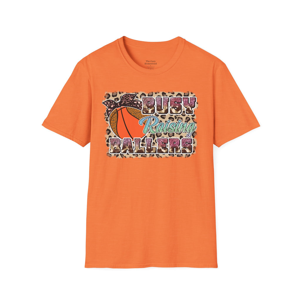 Busy Raising Ballers Basketball Mom T-Shirt — Leopard Print Hoop Design
