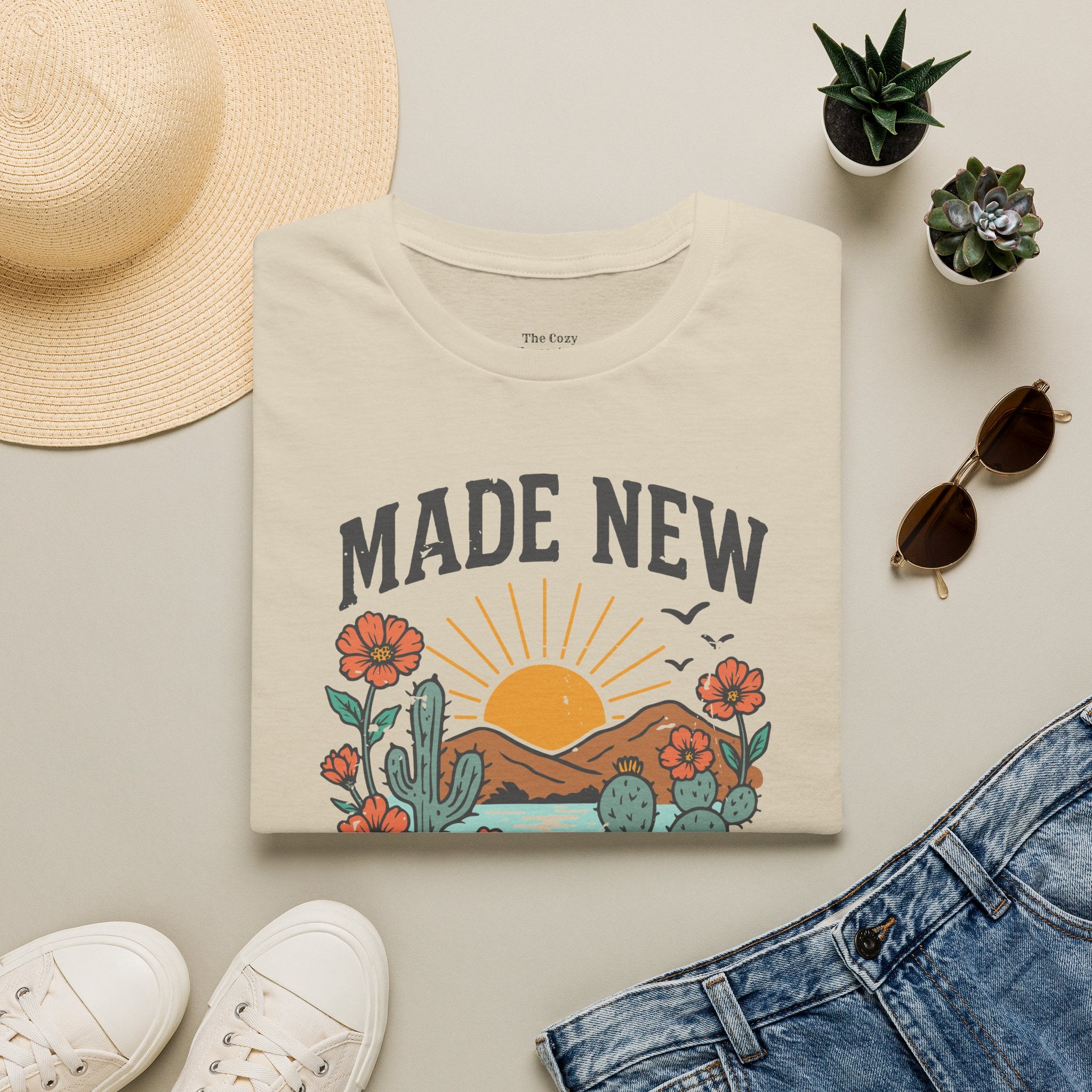 Made New T-Shirt — Vintage Desert Sunrise Christian Graphic Tee (2 Corinthians 5:17)