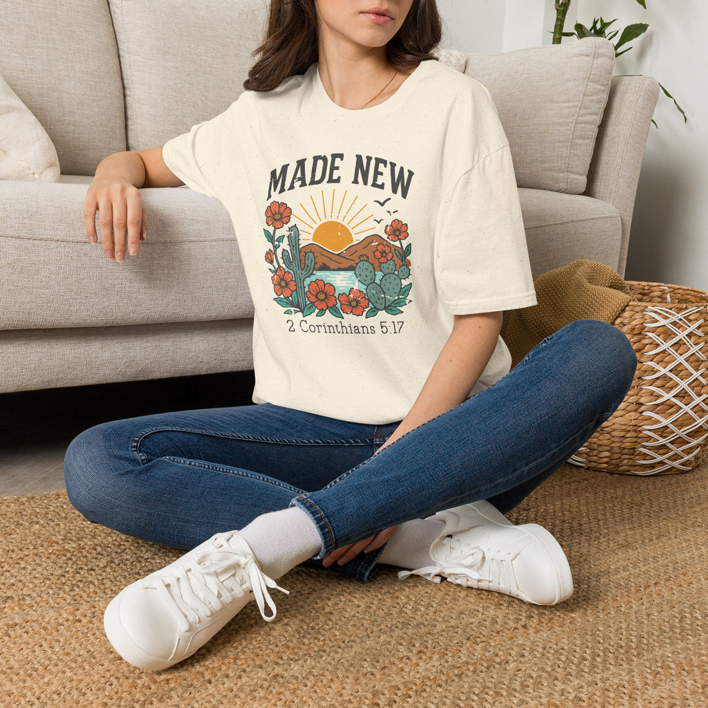Made New T-Shirt — Vintage Desert Sunrise Christian Graphic Tee (2 Corinthians 5:17)